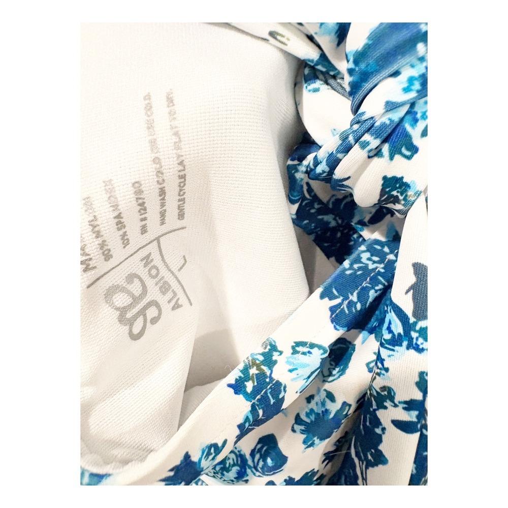 Albion Fit Blue Floral One Piece Swimsuit Front Zip Back Cutout Tie Womens L - Picture 2 of 3